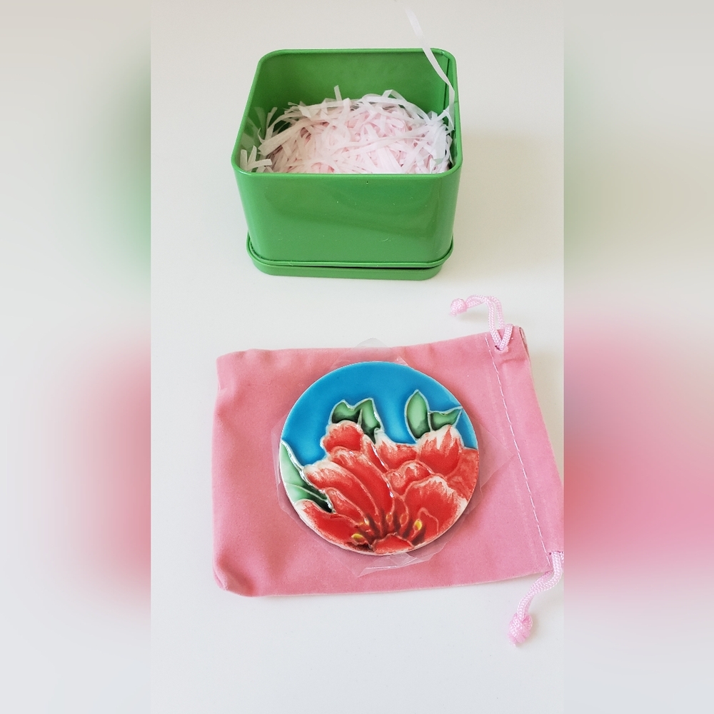 Floral Ceramic Compact Mirror with Pink Pouch
